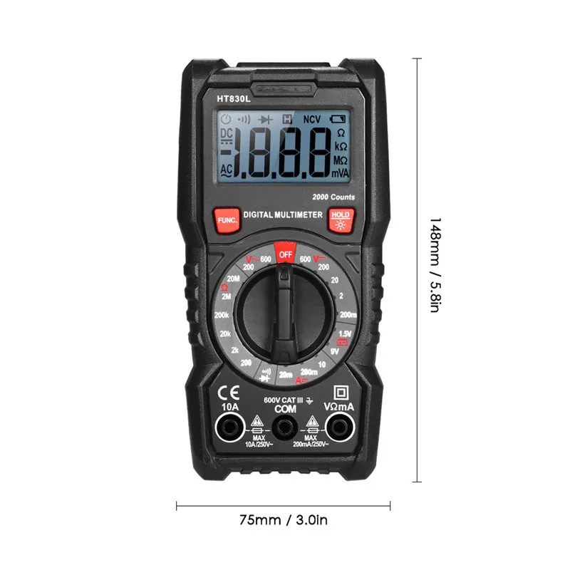 Digital Multimeter Ht830L 2000 Counts Portable AC/DC Voltage/Current Tester with Diode Test