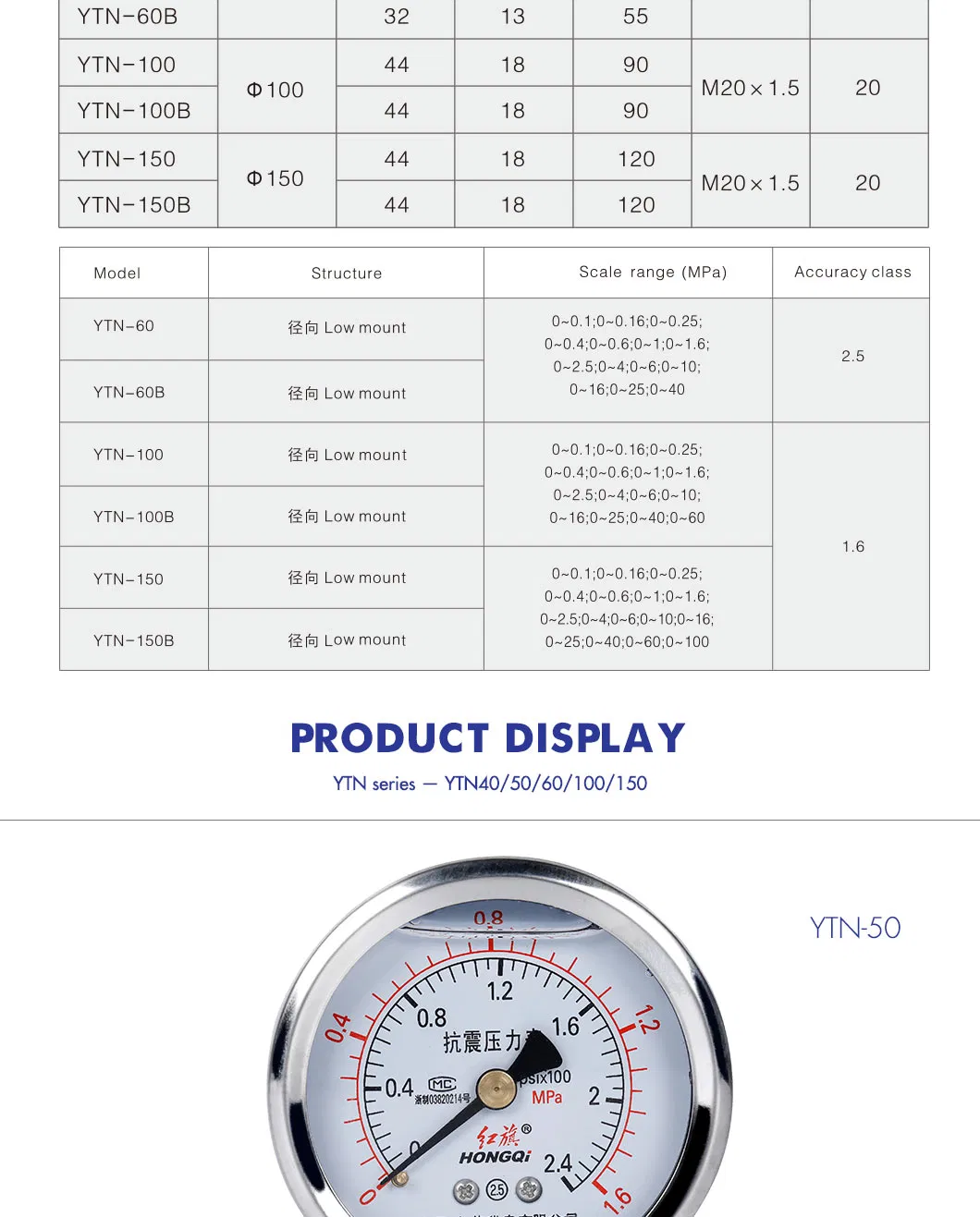 Hongqi &reg; 2.0" Machinery Liquid Burdon Tube Pressure Gauge with Compound Scale Pointer Reading Manometer Manufacture in Zhejiang Province