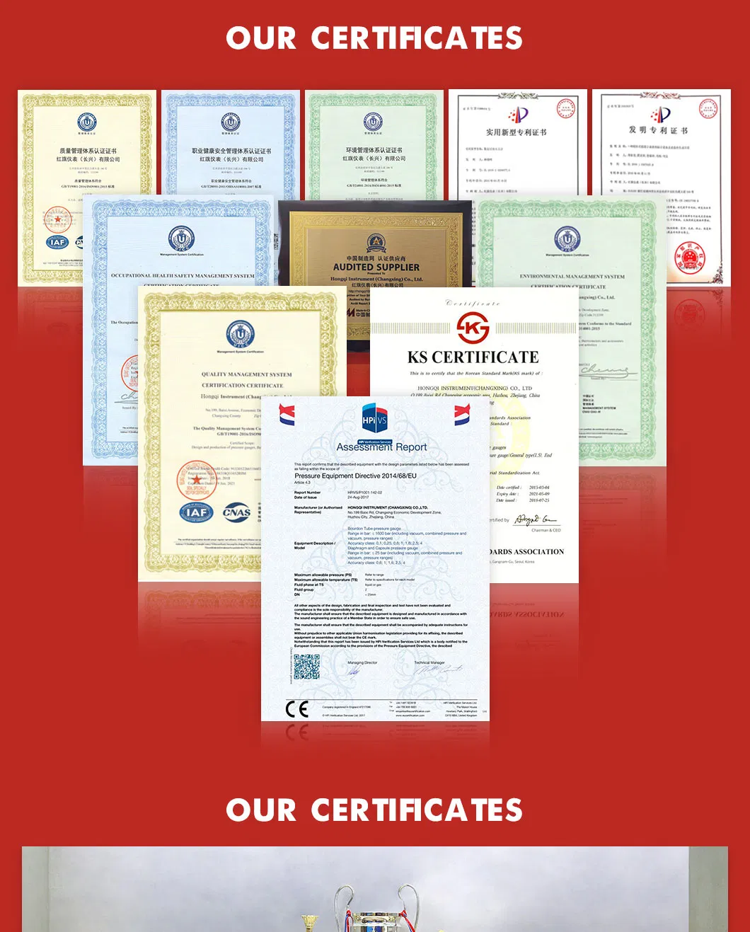 Hongqi &reg; 2.0" Machinery Liquid Burdon Tube Pressure Gauge with Compound Scale Pointer Reading Manometer Manufacture in Zhejiang Province