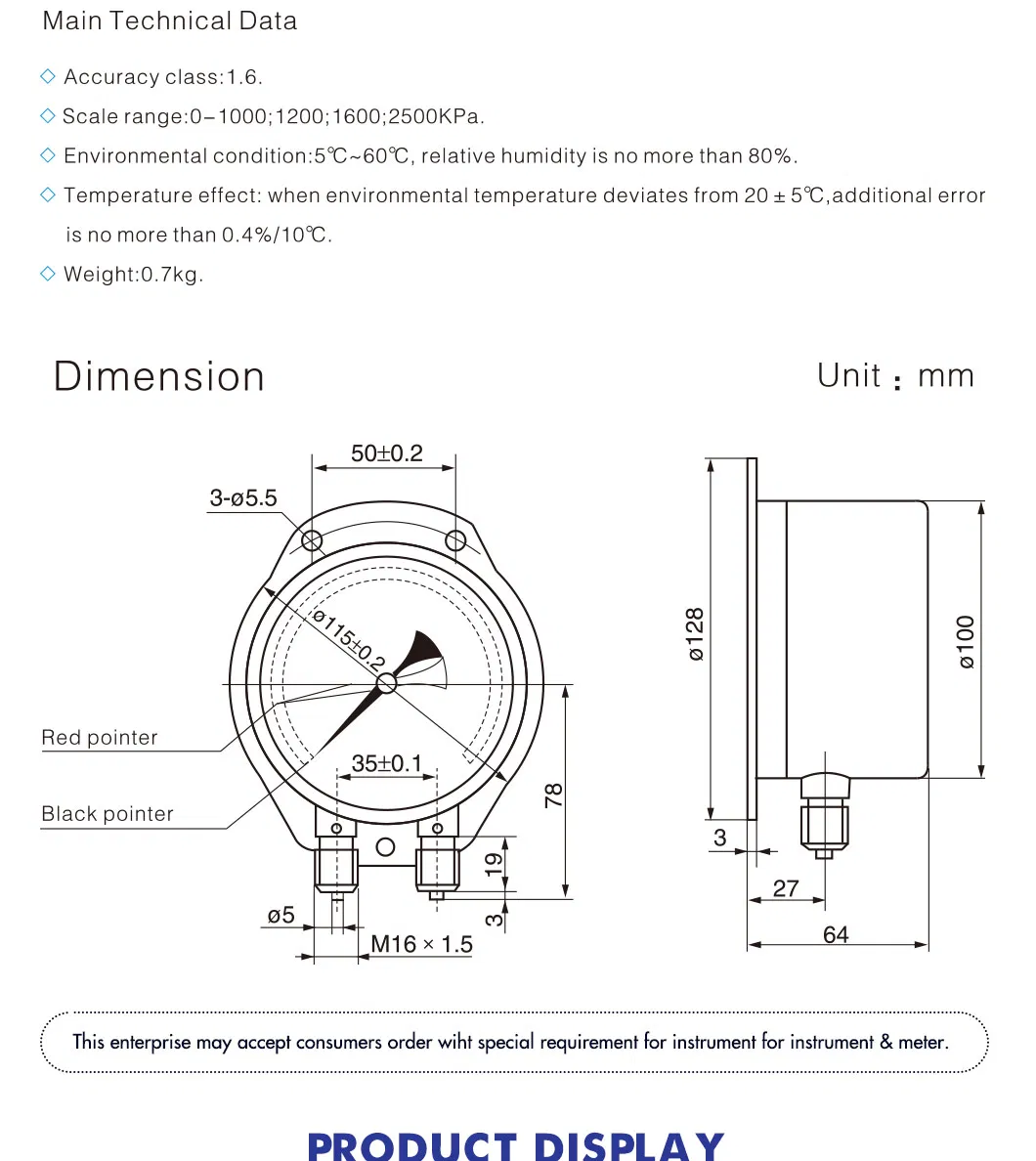 Hongqi &reg; Red Pointer with Black Pointer Railway Use Pressure Gauge 0-1600kpa